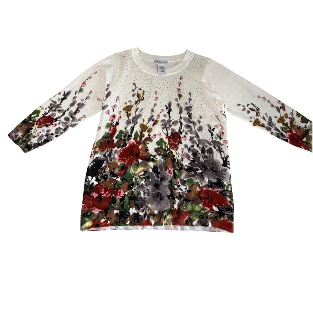 Rebecca Malone Womens Floral Knit Sweater White Studded Long Sleeve‎ Size S
